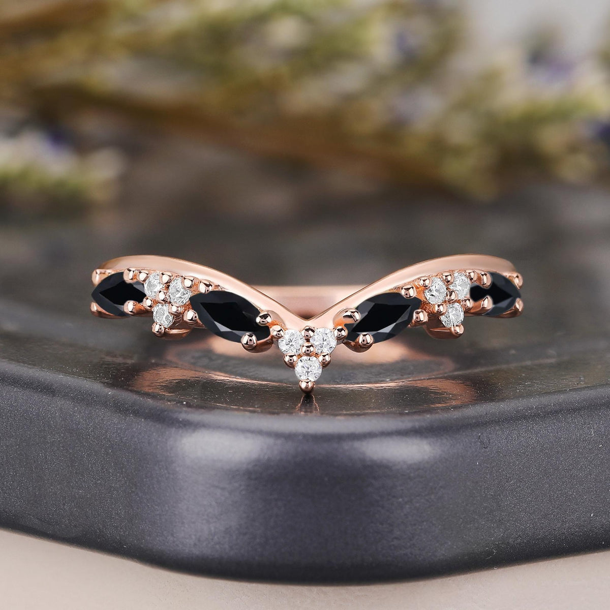 Gothic Black Onyx Marquise Curved Wedding Band