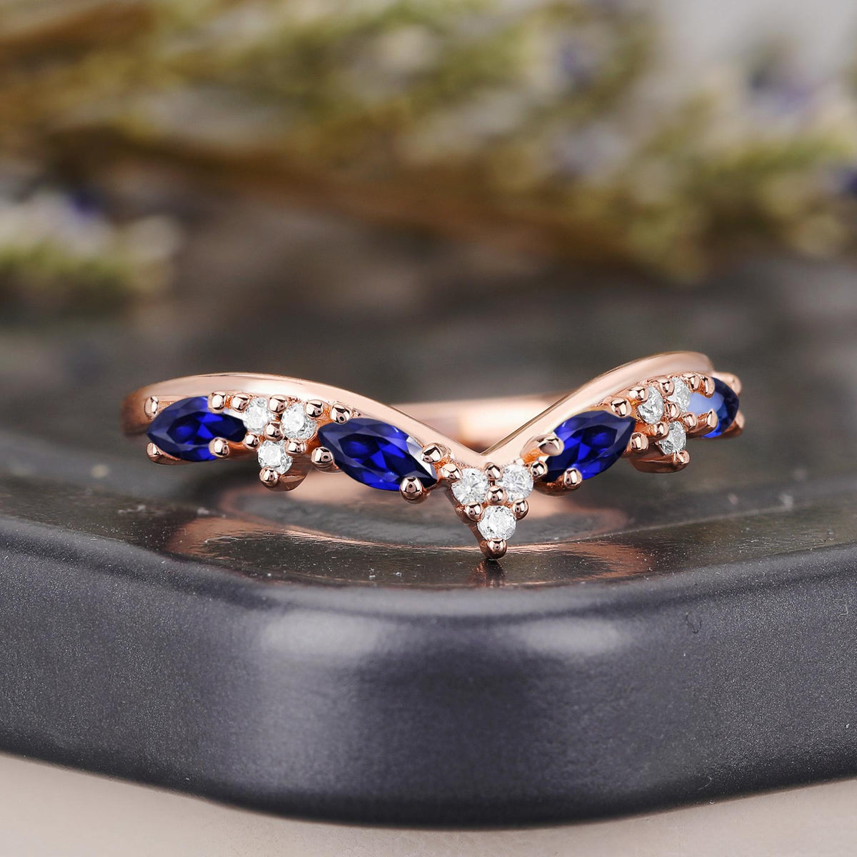 Vintage Marquise Blue Sapphire Curved Wedding Band