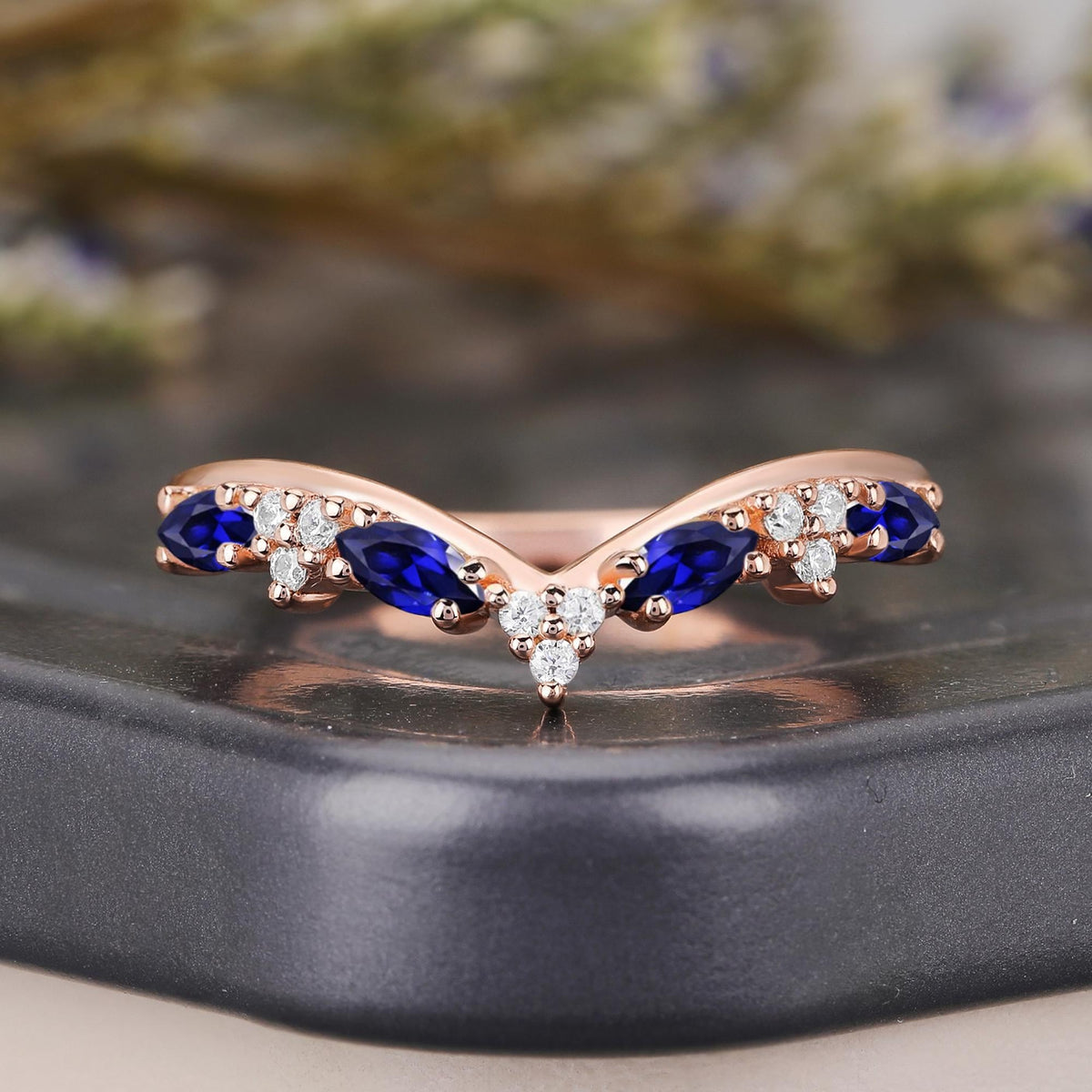 Vintage Marquise Blue Sapphire Curved Wedding Band