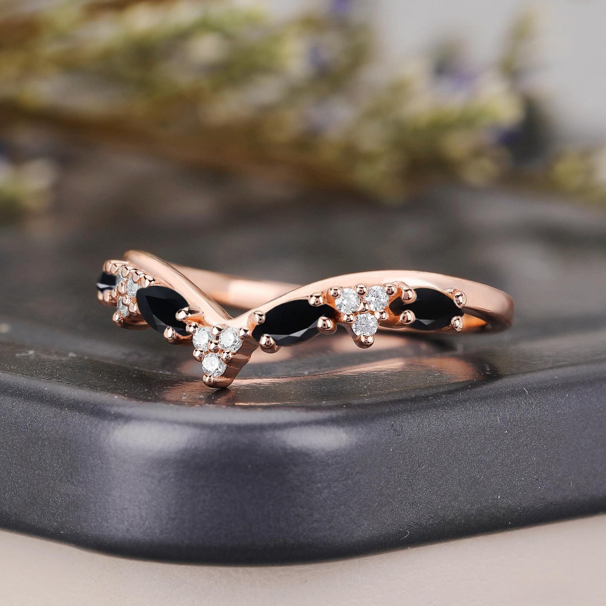 Gothic Black Onyx Marquise Curved Wedding Band