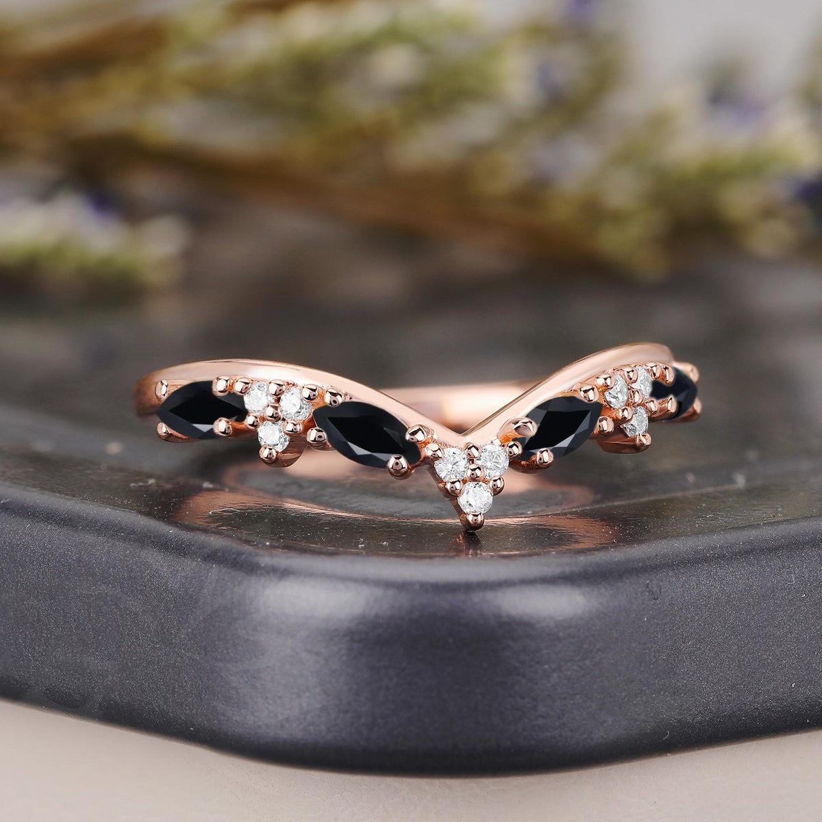 Gothic Black Onyx Marquise Curved Wedding Band
