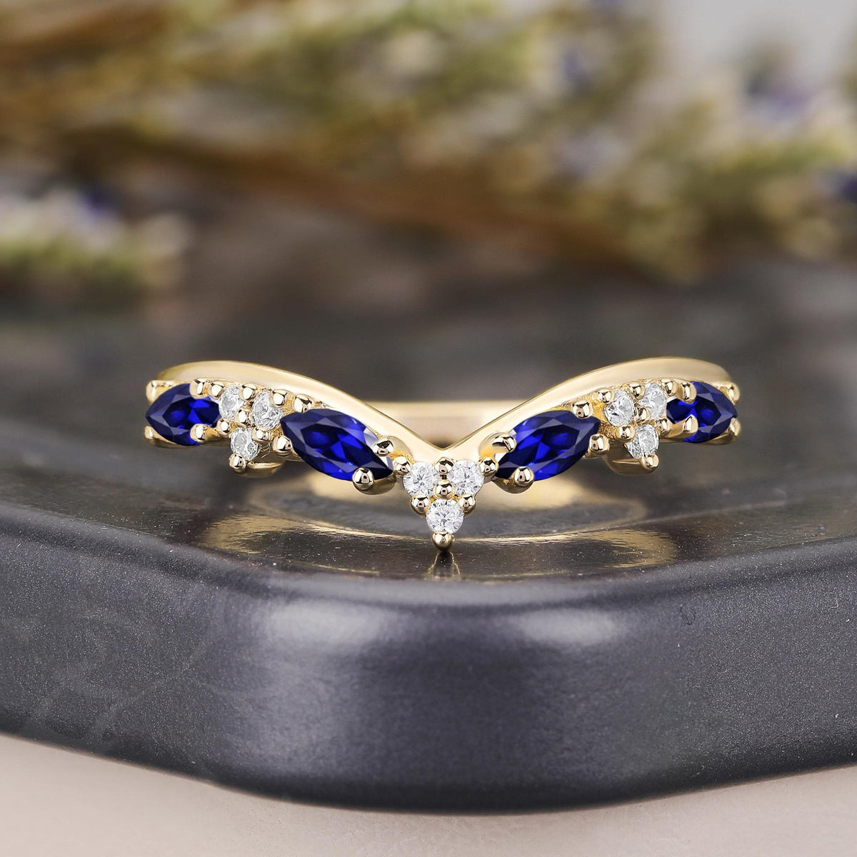 Vintage Marquise Blue Sapphire Curved Wedding Band