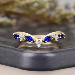 Vintage Marquise Blue Sapphire Curved Wedding Band