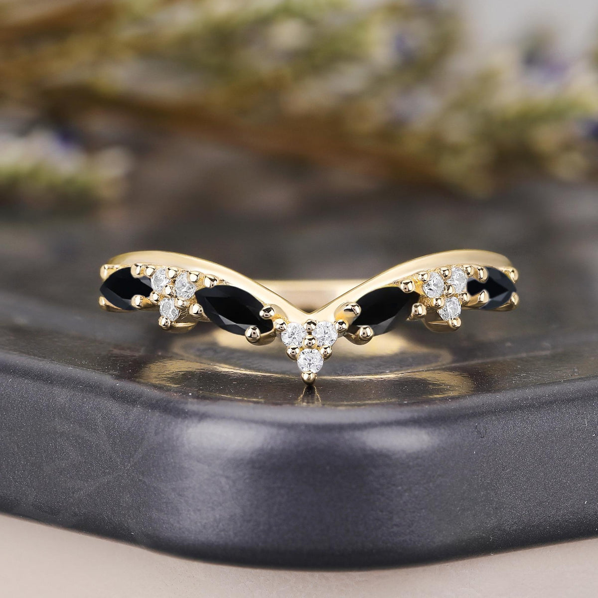 Gothic Black Onyx Marquise Curved Wedding Band