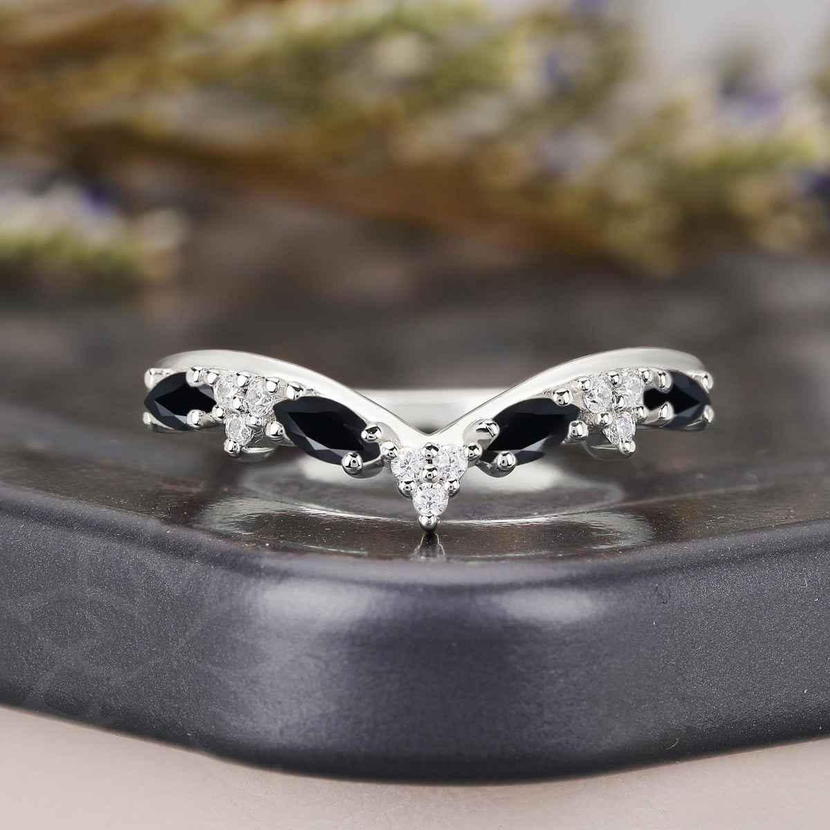 Gothic Black Onyx Marquise Curved Wedding Band