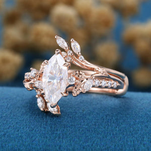Art Deco Marquise Cut White Moissanite Engagement Ring Set