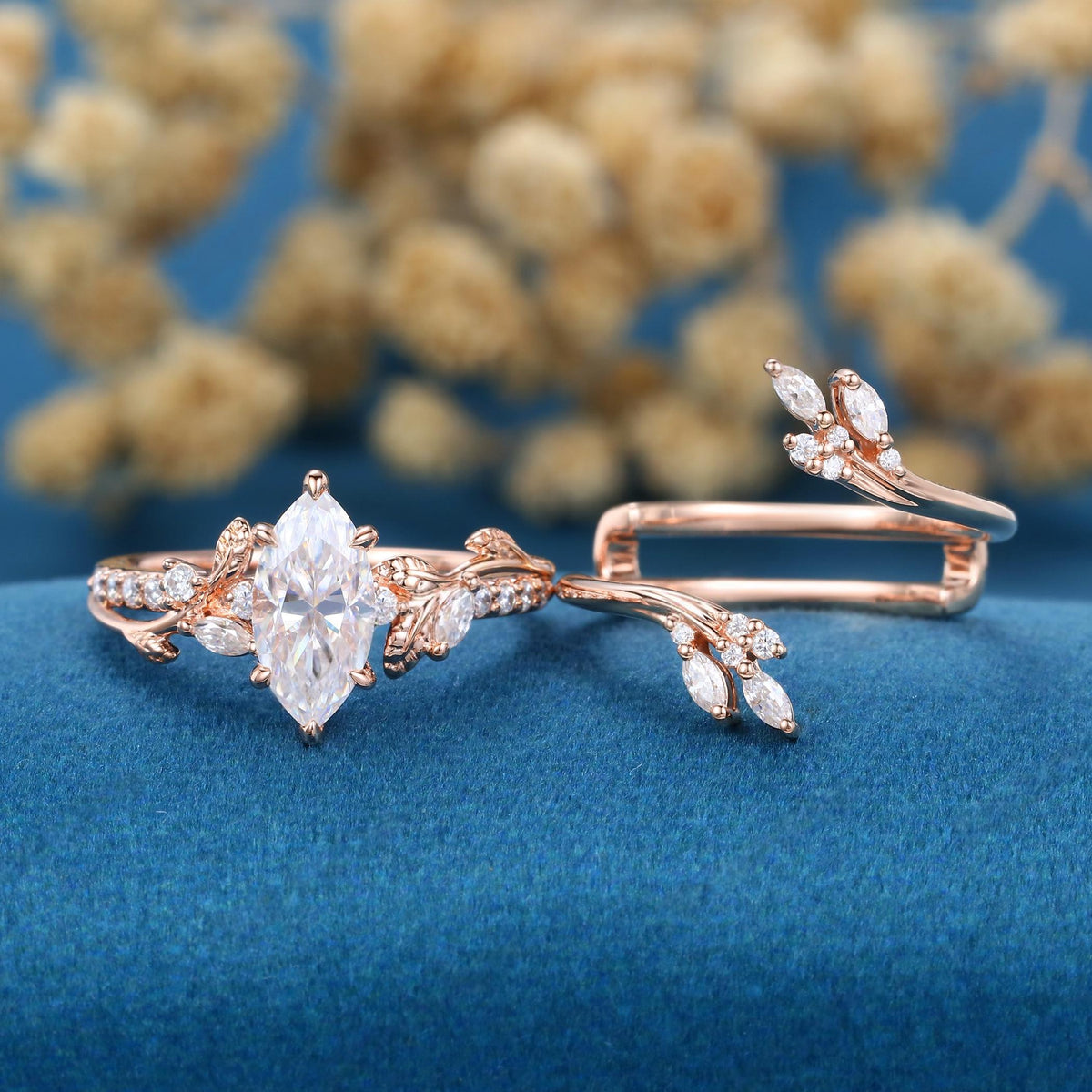 Art Deco Marquise Cut White Moissanite Engagement Ring Set