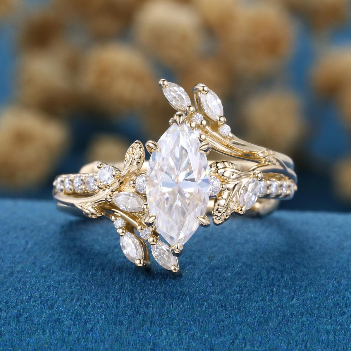 Art Deco Marquise Cut White Moissanite Engagement Ring Set