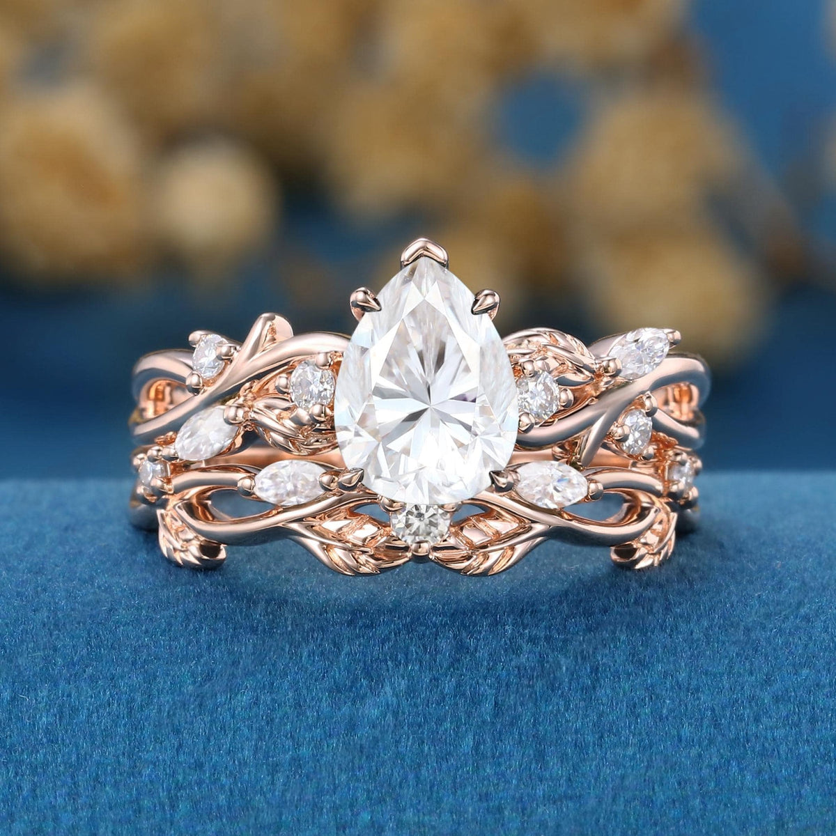 Vintage Twisted Vine Pear Cut White Moissanite Engagement Ring Set