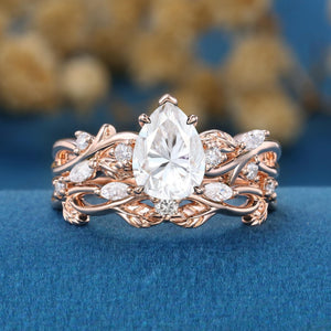 Vintage Twisted Vine Pear Cut White Moissanite Engagement Ring Set