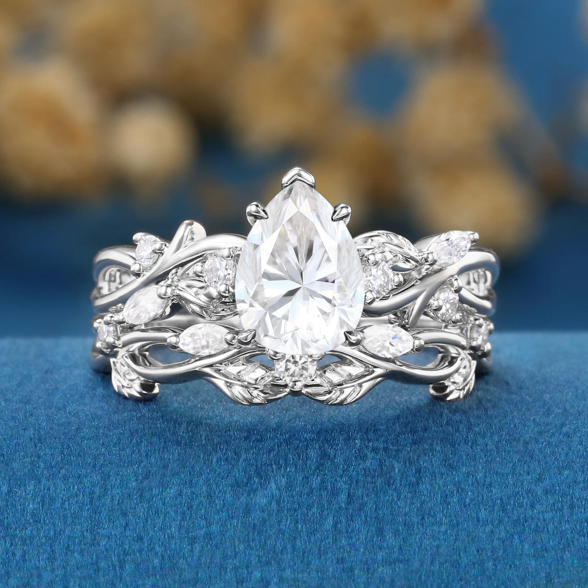 Vintage Twisted Vine Pear Cut White Moissanite Engagement Ring Set