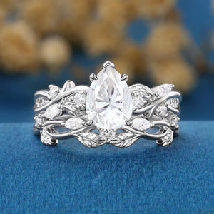 Vintage Twisted Vine Pear Cut White Moissanite Engagement Ring Set