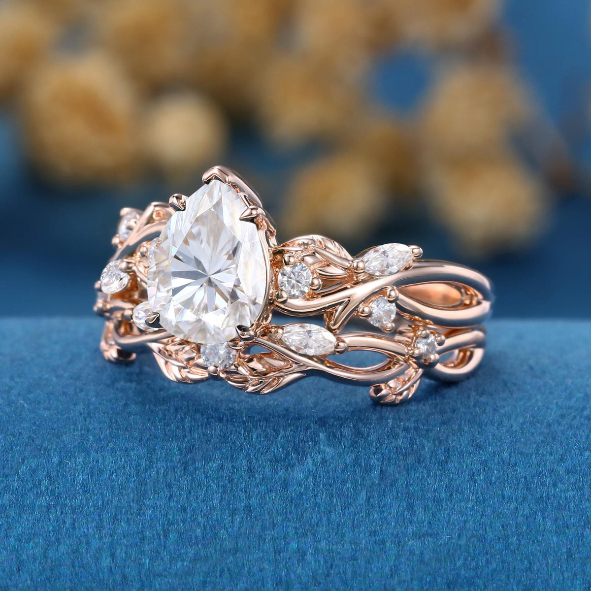 Vintage Twisted Vine Pear Cut White Moissanite Engagement Ring Set