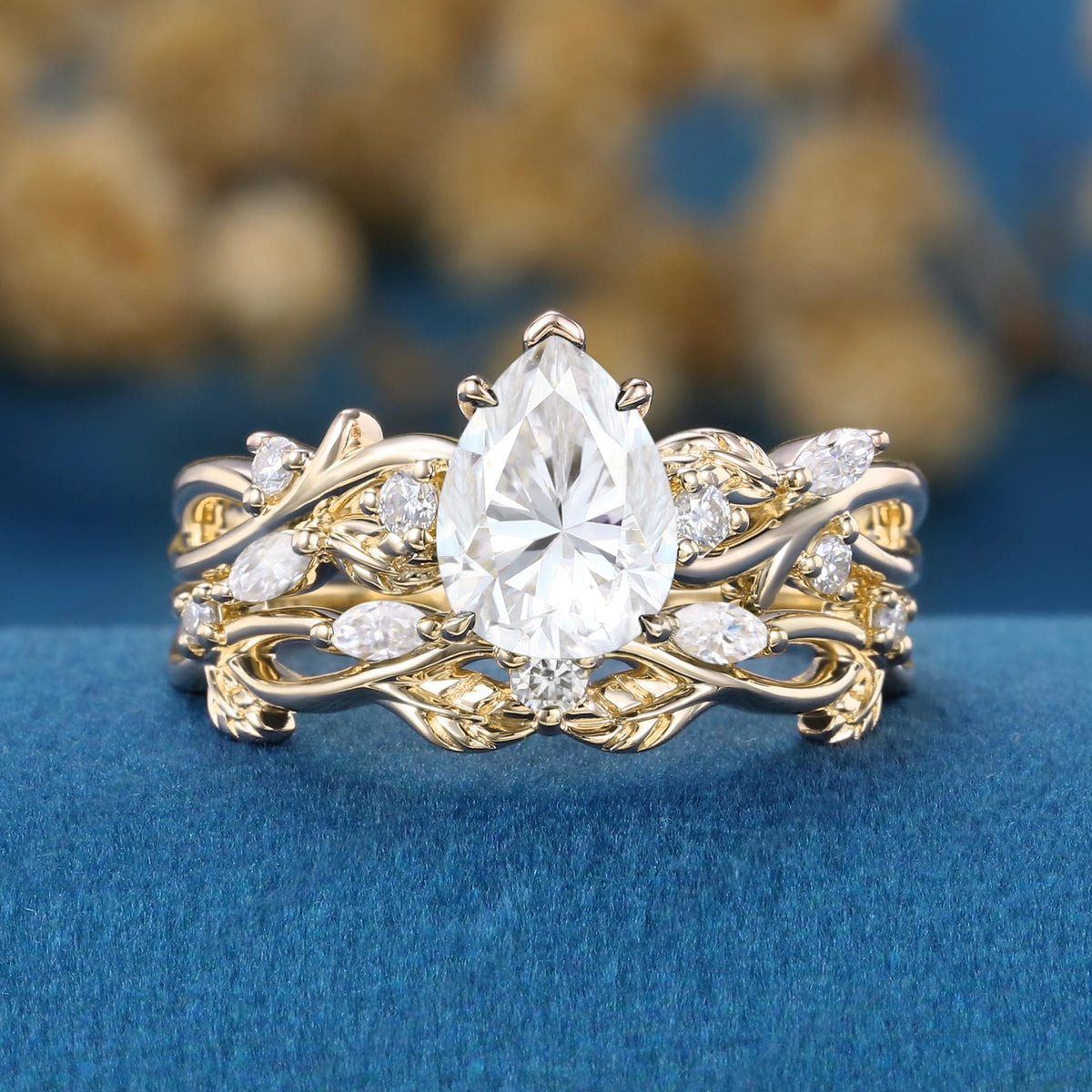 Vintage Twisted Vine Pear Cut White Moissanite Engagement Ring Set