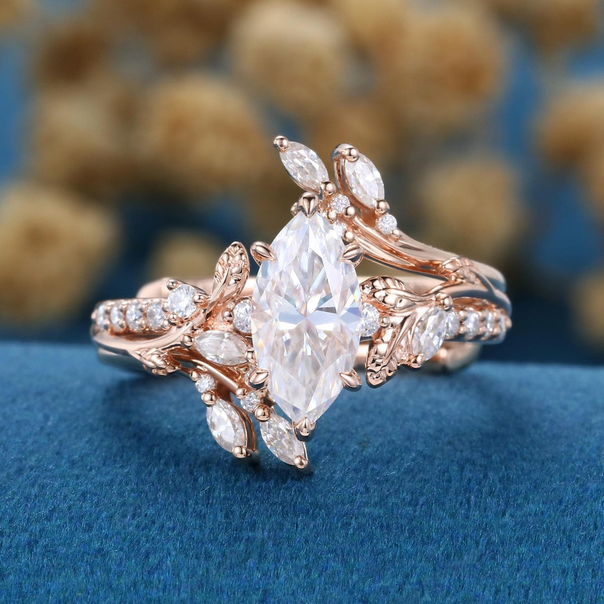 Art Deco Marquise Cut White Moissanite Engagement Ring Set
