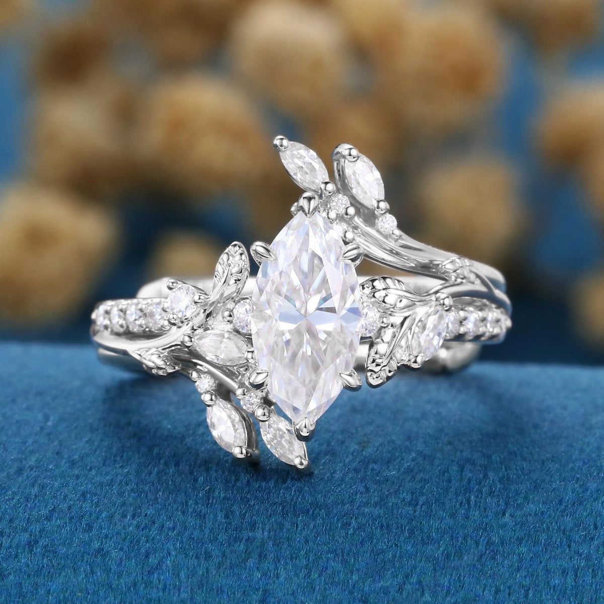 Art Deco Marquise Cut White Moissanite Engagement Ring Set