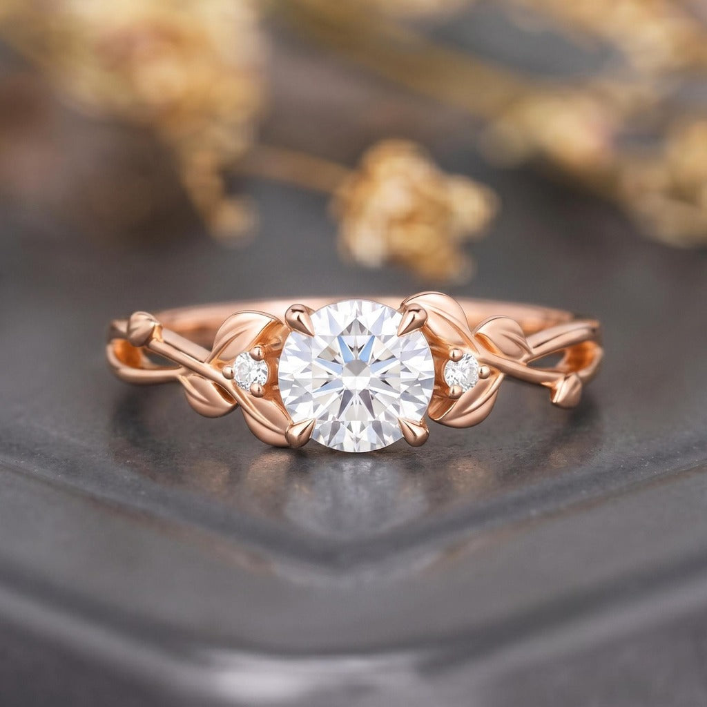 Leaf & Vine Round White Moissanite Engagement Ring