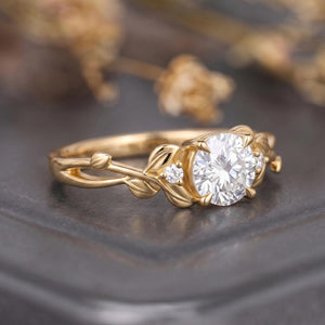 Leaf & Vine Round White Moissanite Engagement Ring