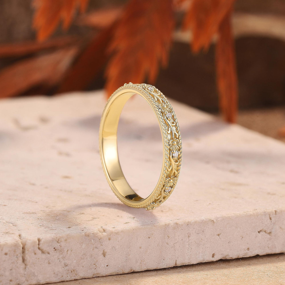 Vintage Floral Scroll Stone Accent Wedding Band
