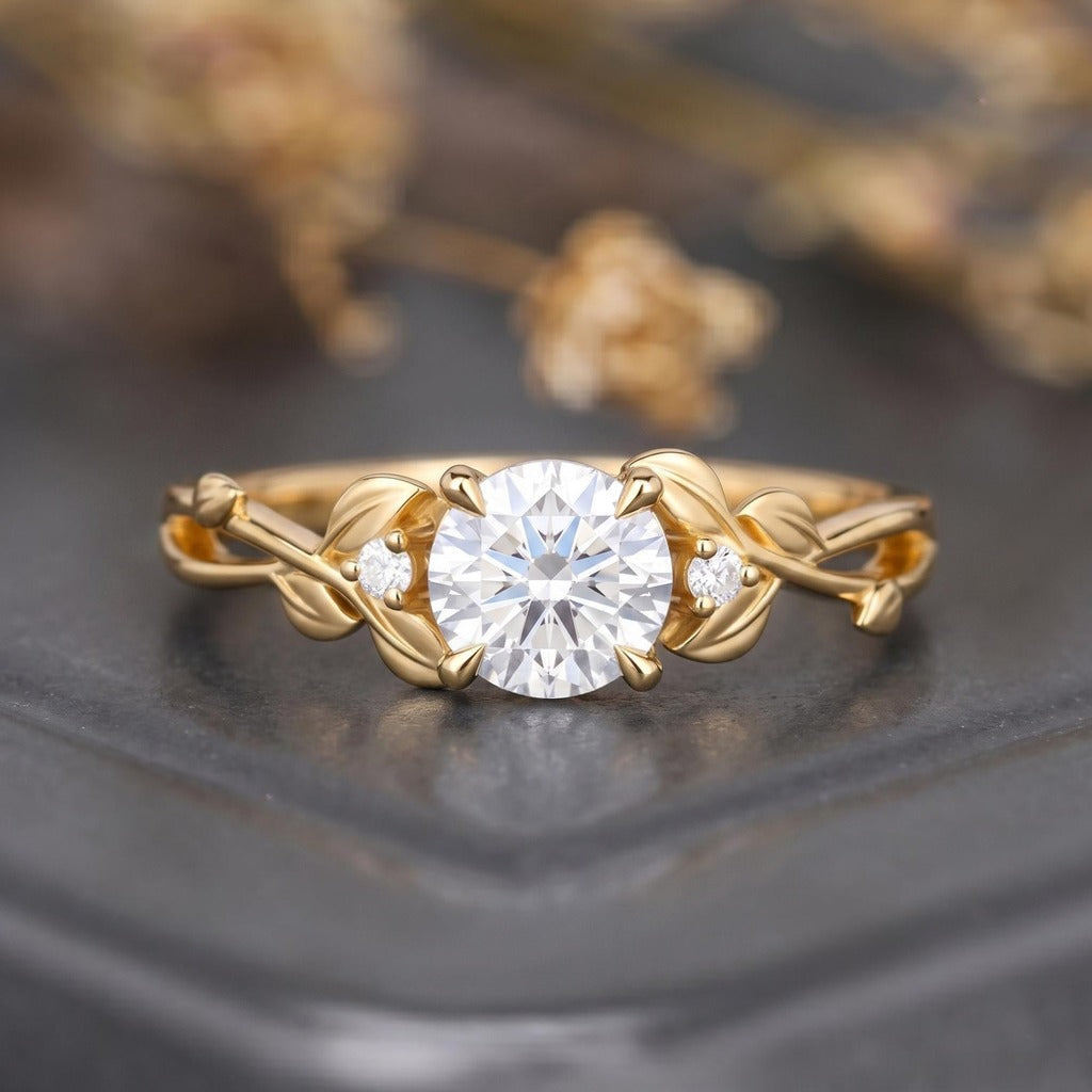 Leaf & Vine Round White Moissanite Engagement Ring