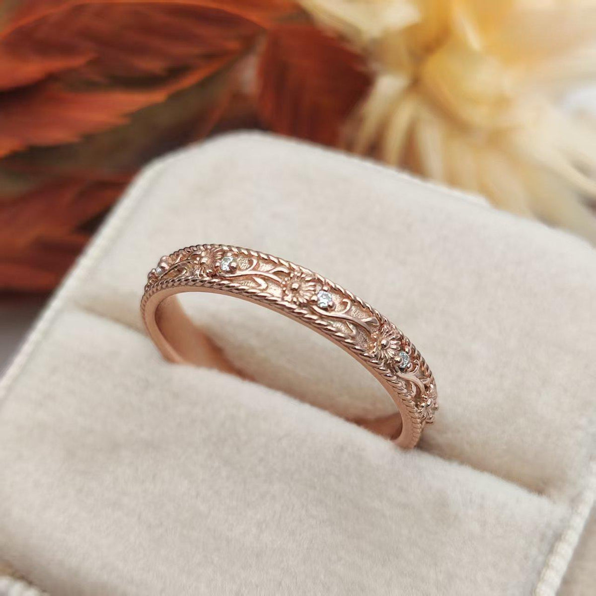 Vintage Floral Scroll Stone Accent Wedding Band