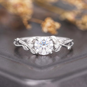 Leaf & Vine Round White Moissanite Engagement Ring