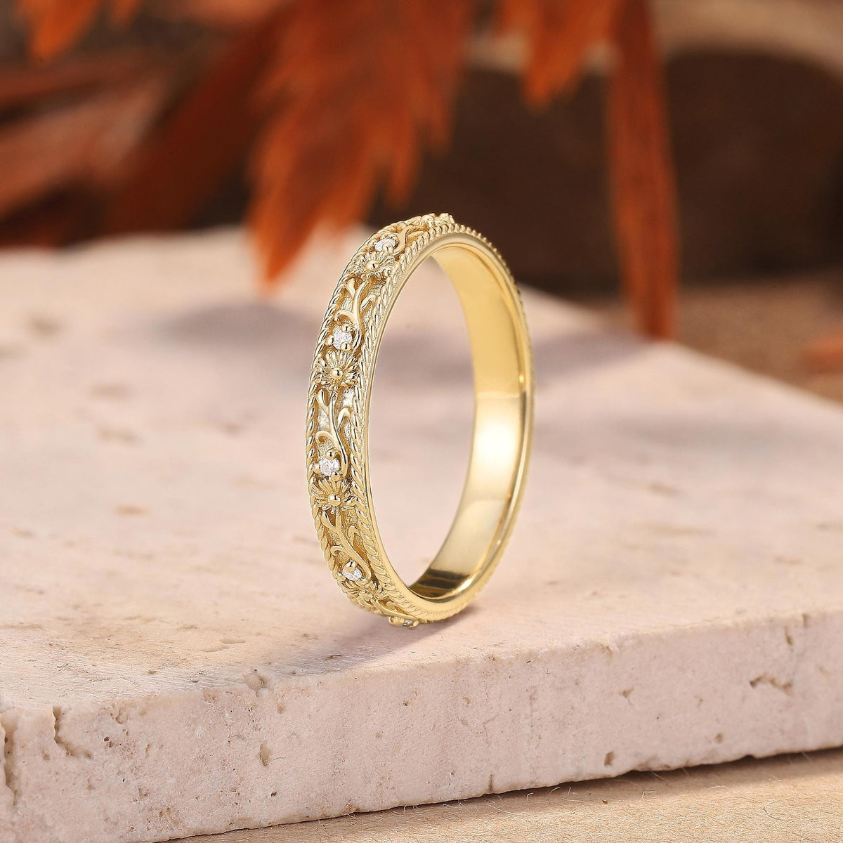 Vintage Floral Scroll Stone Accent Wedding Band