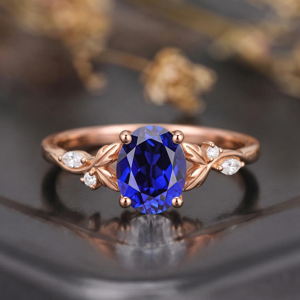 Leaf & Vine Oval Blue Sapphire Engagement Ring