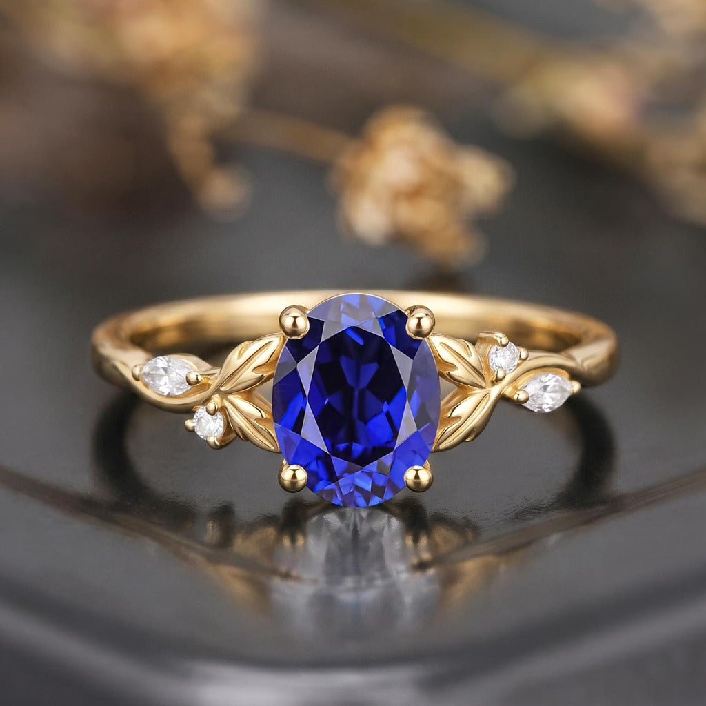 Leaf & Vine Oval Blue Sapphire Engagement Ring