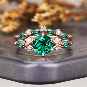 Vintage Leaf & Vine Round Emerald Engagement Ring Set