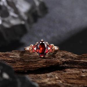 Nature Inspired Angel Wing Cluster Oval Red Garnet Ring