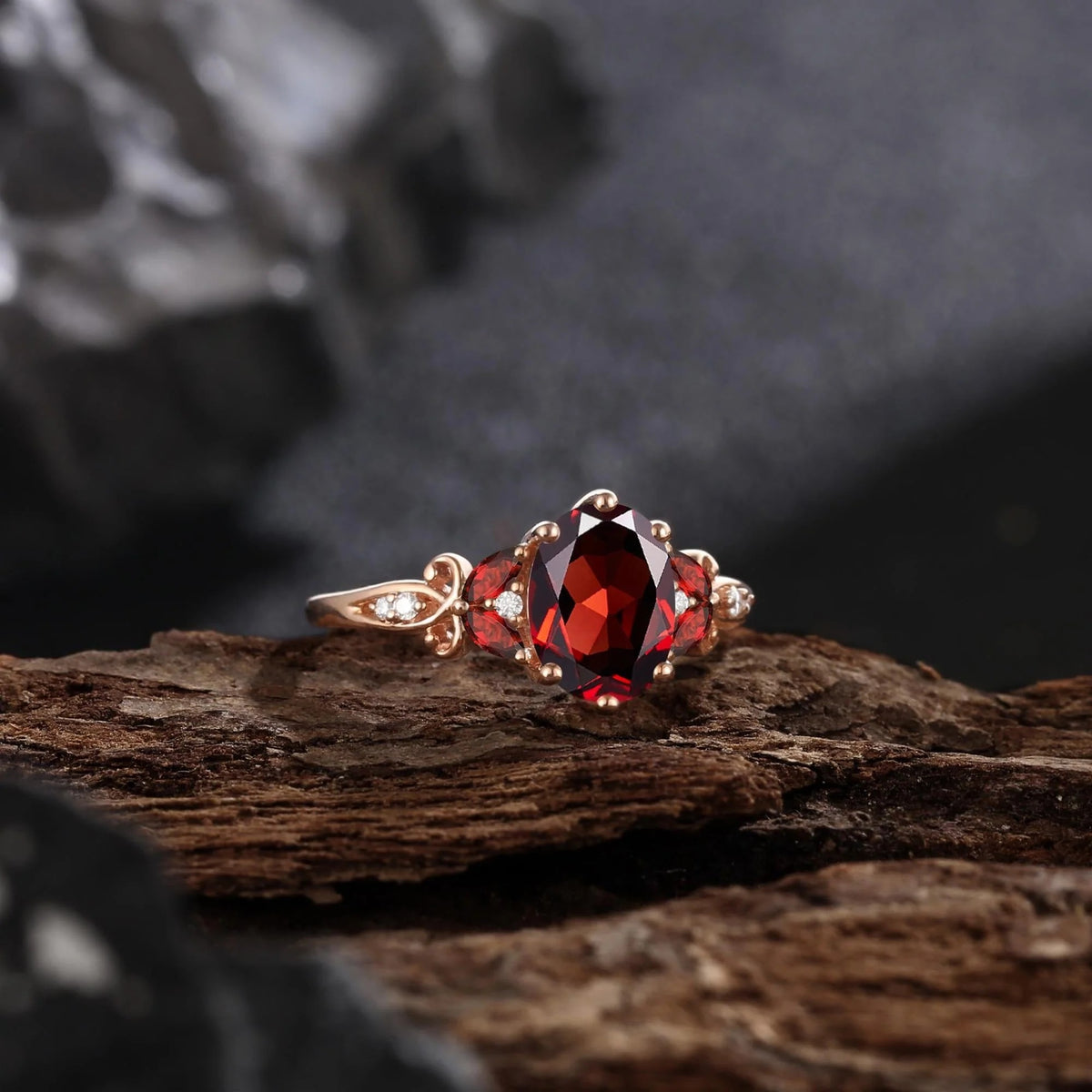 Nature Inspired Angel Wing Cluster Oval Red Garnet Ring