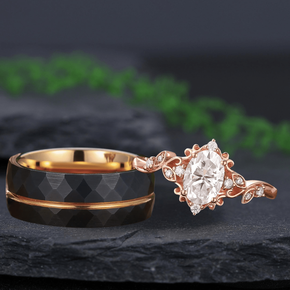 Inspired Leaf Moissanite Bridal Set Couple Ring Set His and Her Engagement Ring - anerjuly