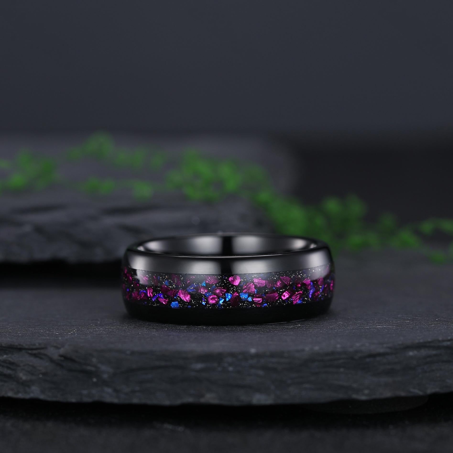 kite amethyst couple ring sets, amethyst tungsten ring, black gold leaf engagement rings, his and hers wedding band promise ring - anerjuly
