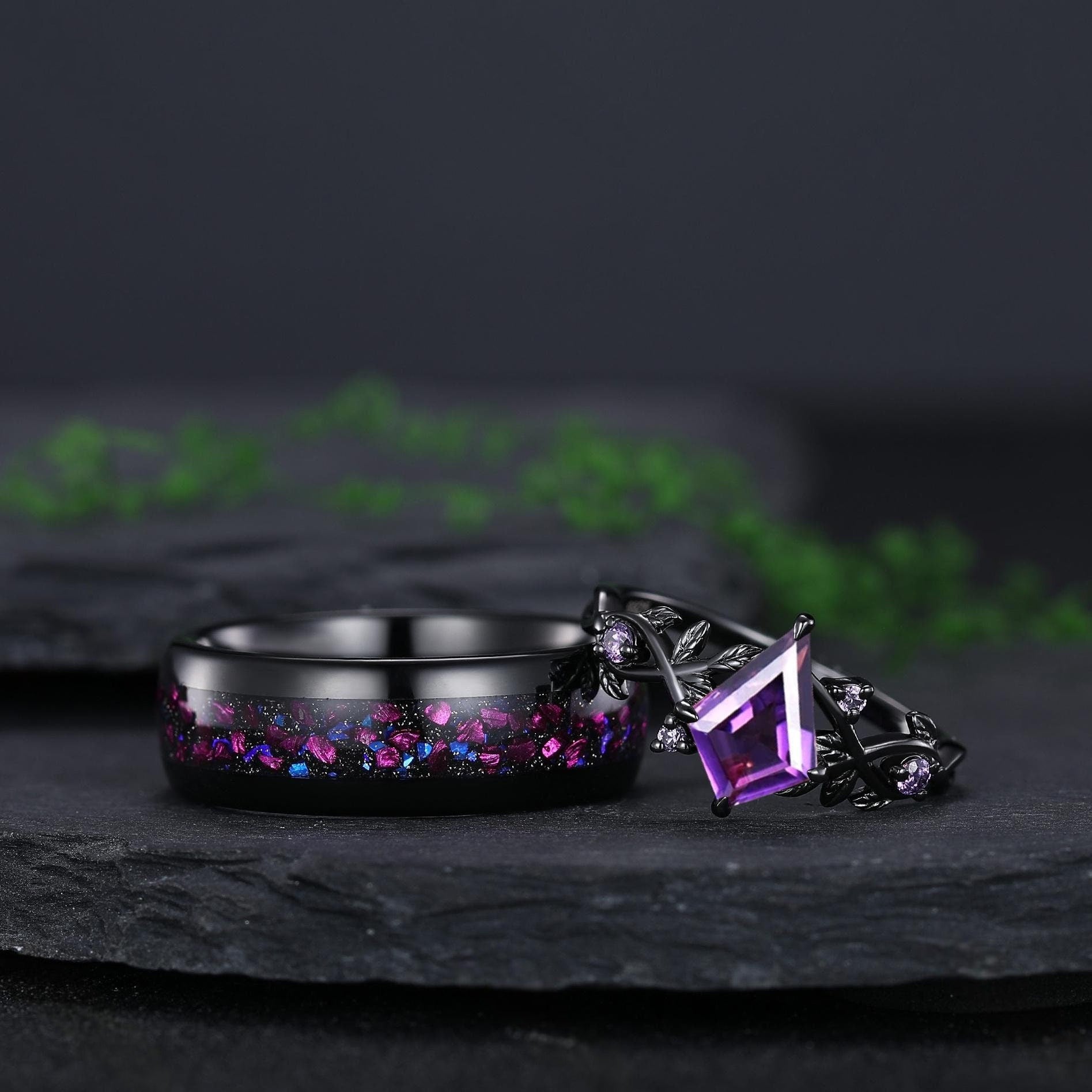 kite amethyst couple ring sets, amethyst tungsten ring, black gold leaf engagement rings, his and hers wedding band promise ring - anerjuly