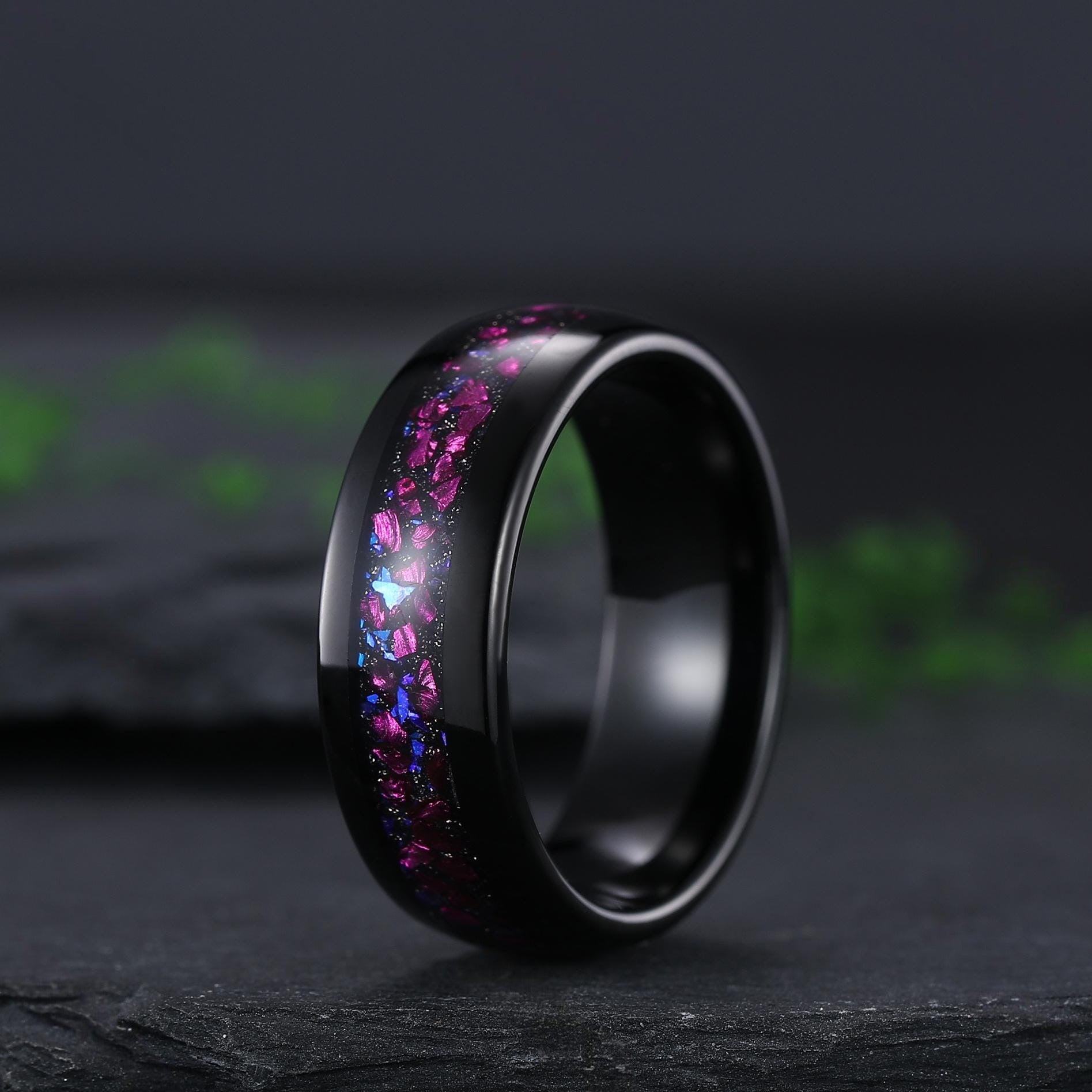 kite amethyst couple ring sets, amethyst tungsten ring, black gold leaf engagement rings, his and hers wedding band promise ring - anerjuly
