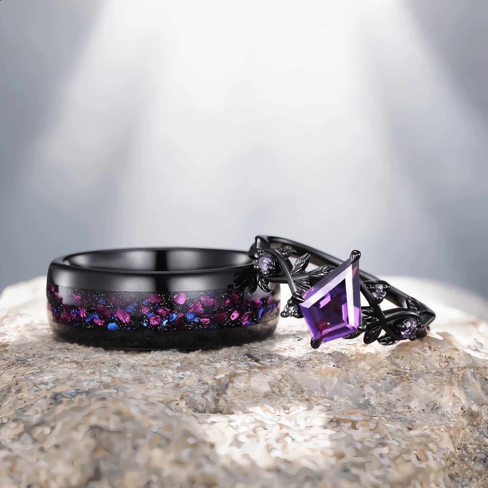 kite amethyst couple ring sets, amethyst tungsten ring, black gold leaf engagement rings, his and hers wedding band promise ring - anerjuly