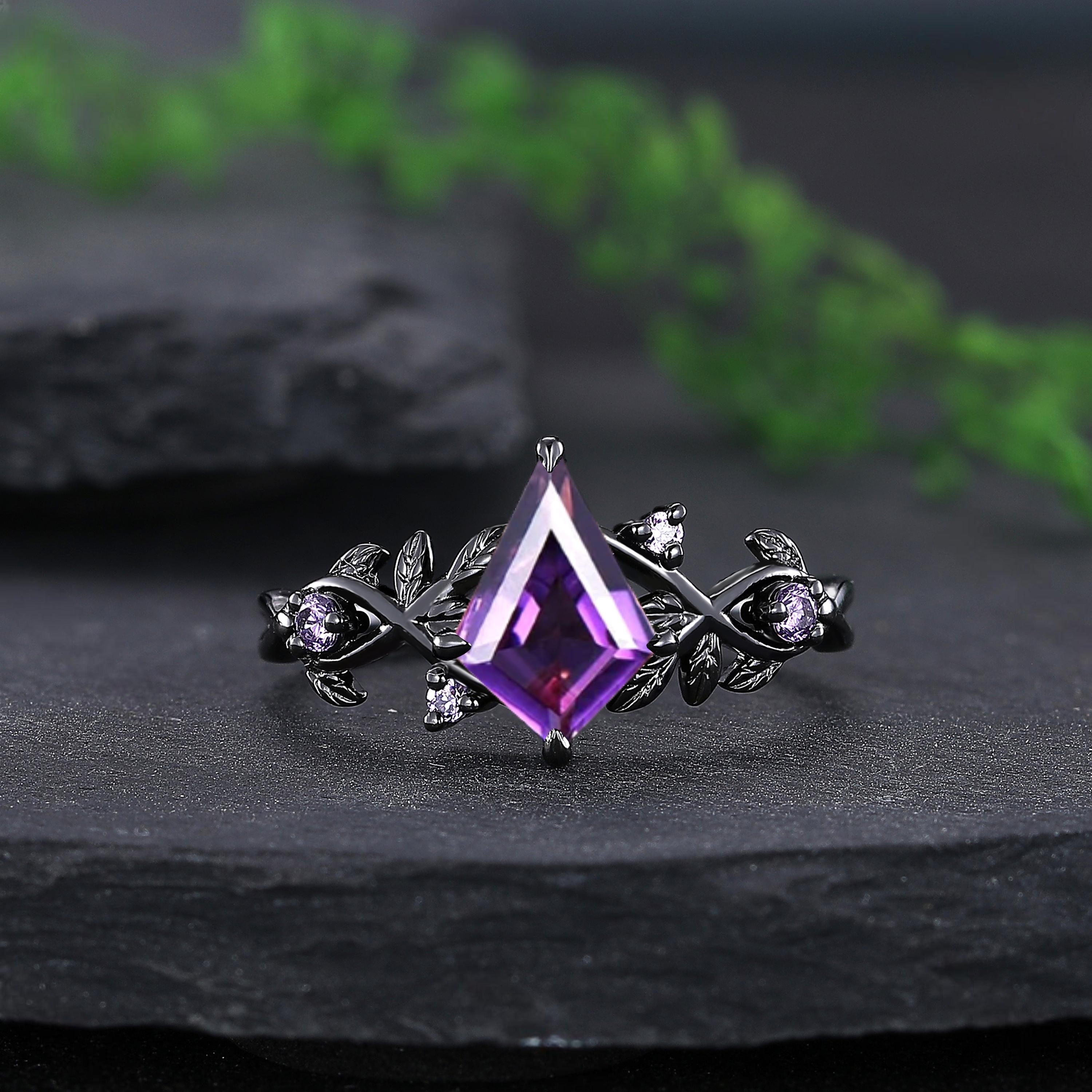 kite amethyst couple ring sets, amethyst tungsten ring, black gold leaf engagement rings, his and hers wedding band promise ring - anerjuly