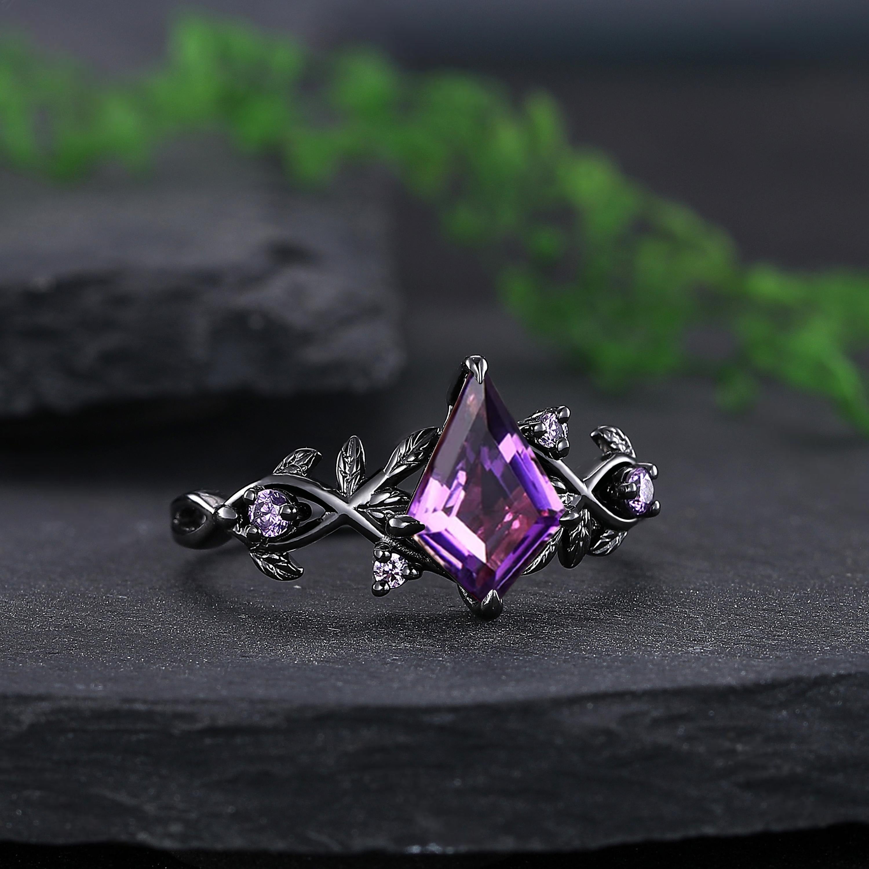 kite amethyst couple ring sets, amethyst tungsten ring, black gold leaf engagement rings, his and hers wedding band promise ring - anerjuly