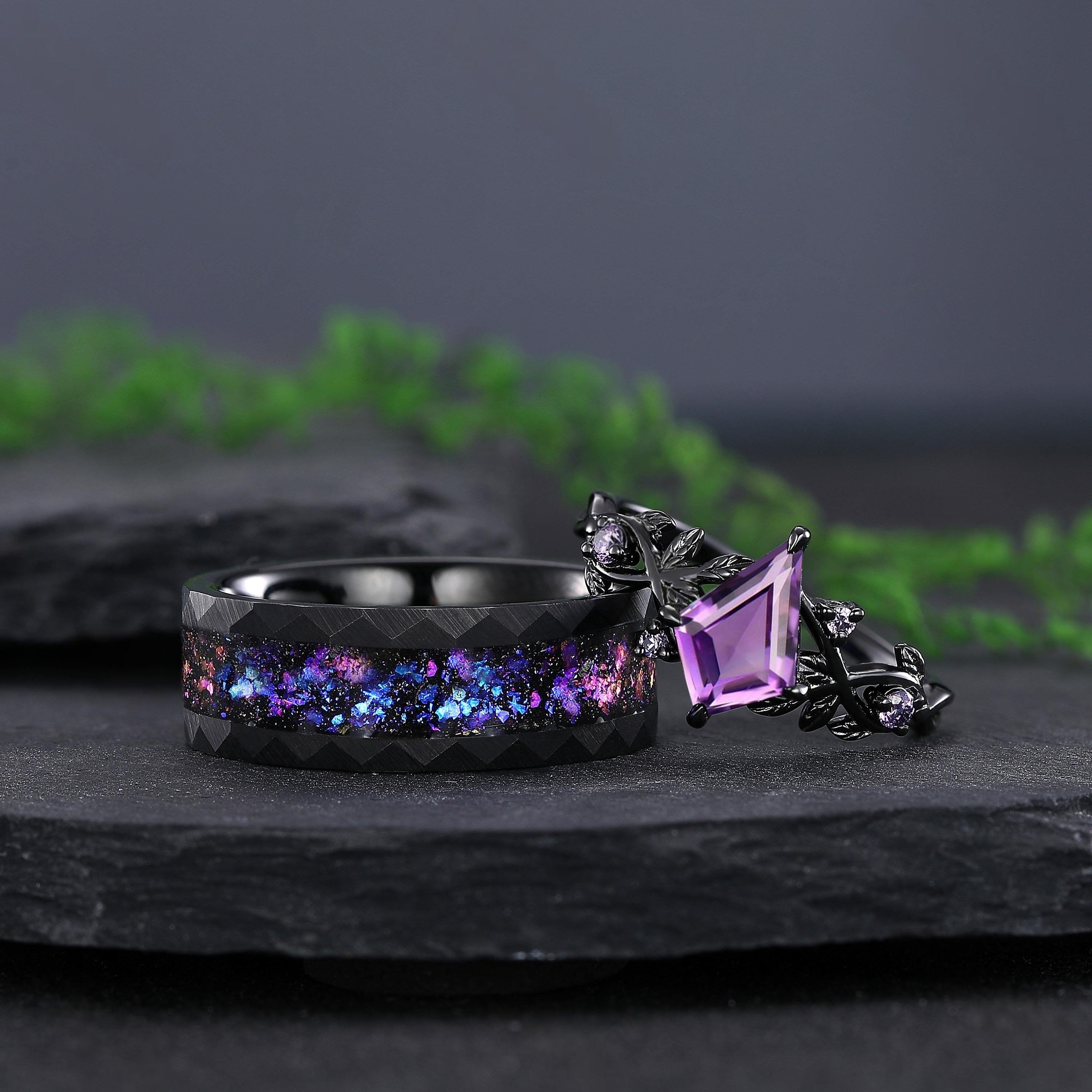 kite amethyst couple ring sets black gold leaf engagement rings his and hers wedding band ring - anerjuly