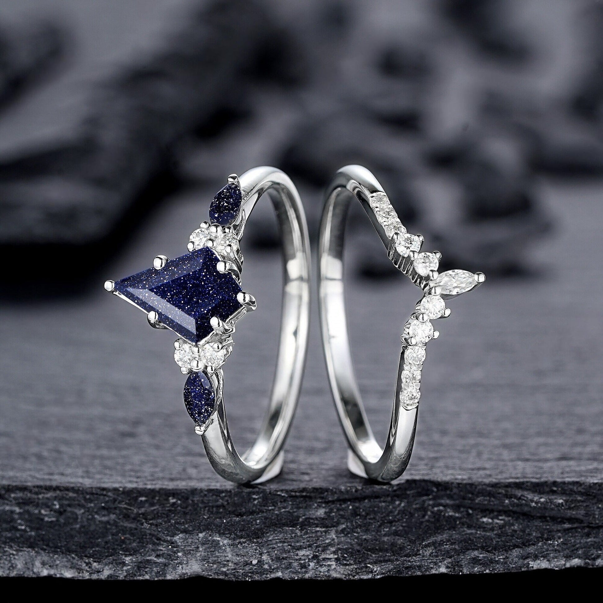 Kite Cut Blue Sandstone Engagement Ring Set, Vintage White Gold Promise Ring Set, Starry Blue Stone Bridal Set Wedding Ring - anerjuly