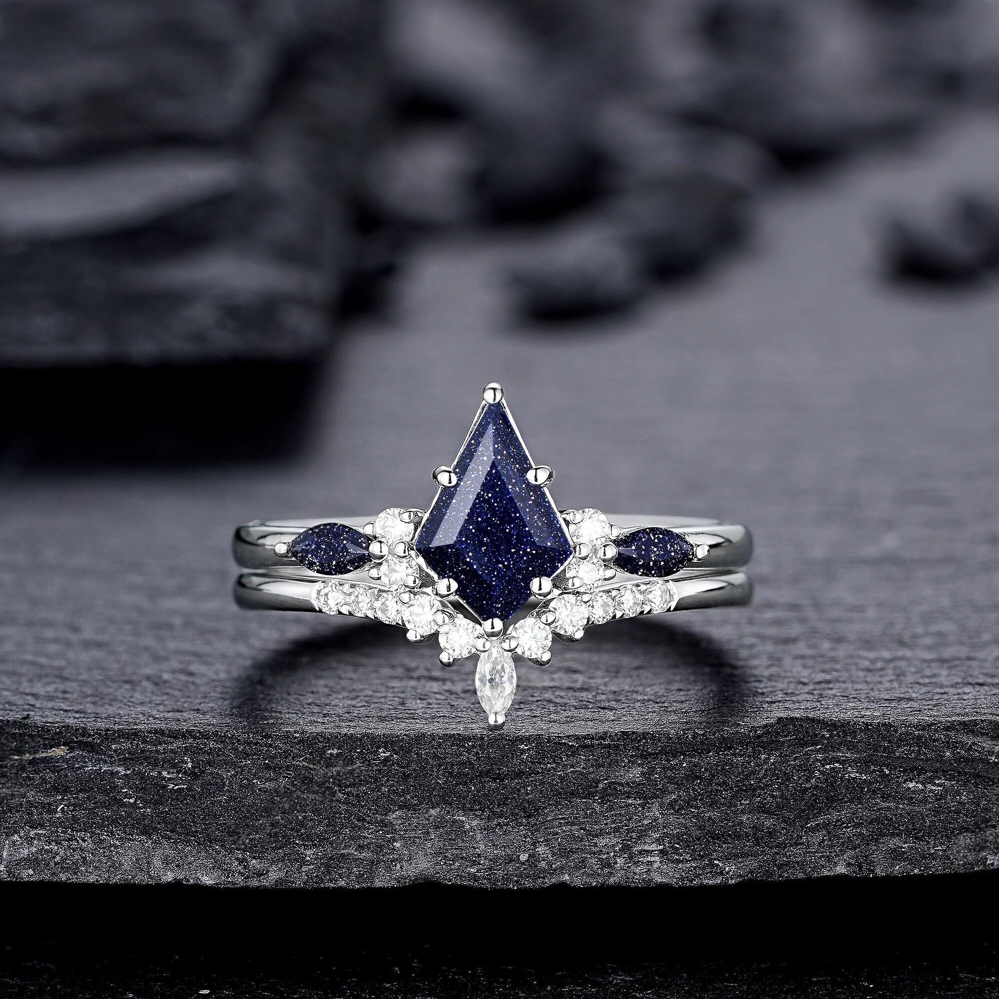 Kite Cut Blue Sandstone Engagement Ring Set, Vintage White Gold Promise Ring Set, Starry Blue Stone Bridal Set Wedding Ring - anerjuly