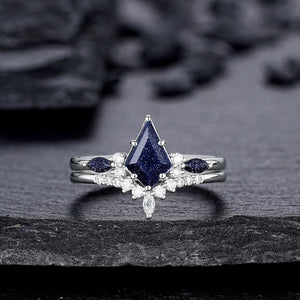 Kite Cut Blue Sandstone Engagement Ring Set, Vintage White Gold Promise Ring Set, Starry Blue Stone Bridal Set Wedding Ring - anerjuly
