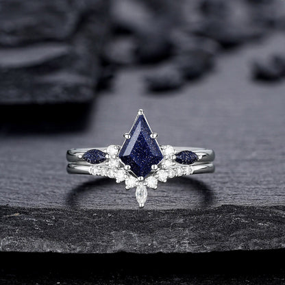 Kite Cut Blue Sandstone Engagement Ring Set, Vintage White Gold Promise Ring Set, Starry Blue Stone Bridal Set Wedding Ring - anerjuly