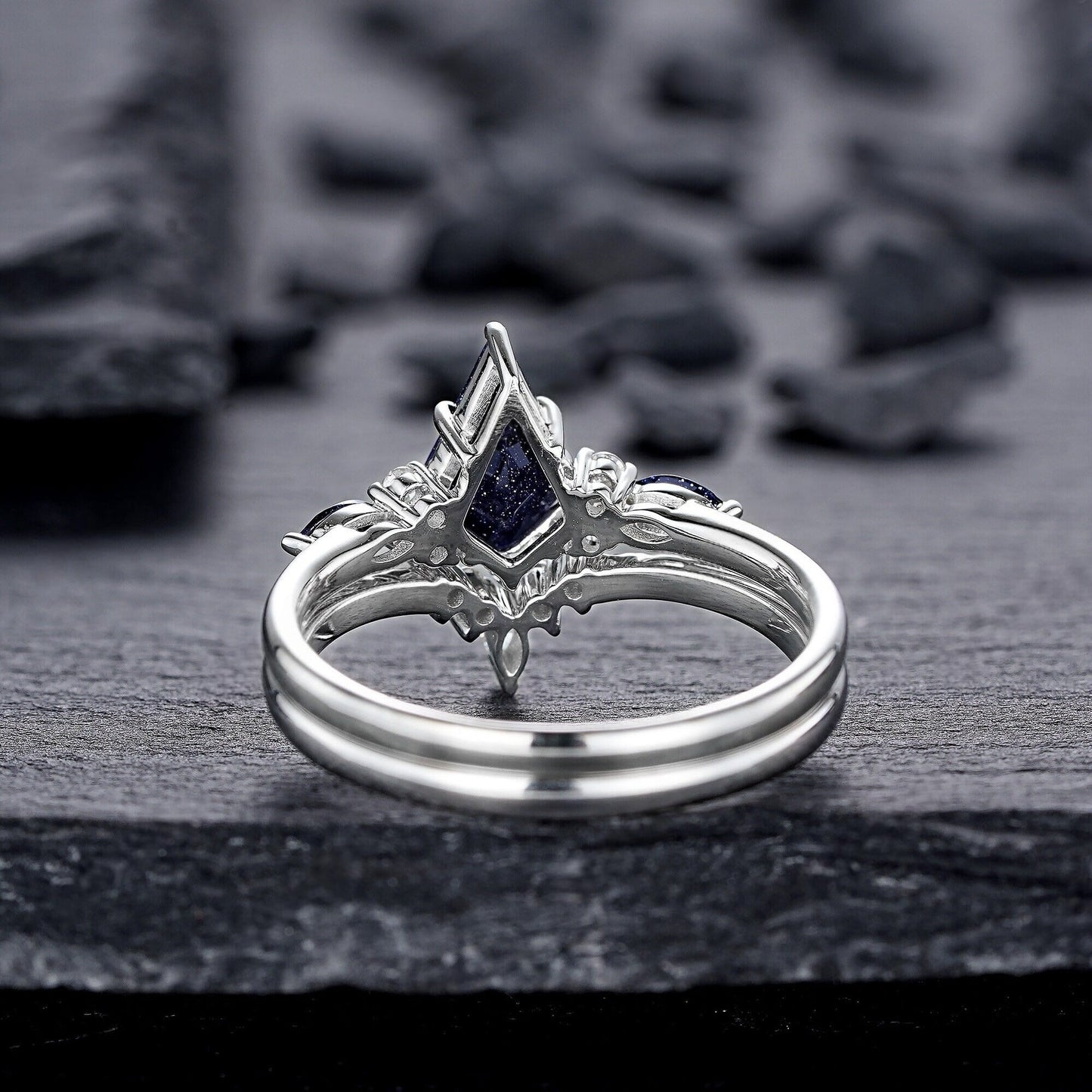 Kite Cut Blue Sandstone Engagement Ring Set, Vintage White Gold Promise Ring Set, Starry Blue Stone Bridal Set Wedding Ring - anerjuly