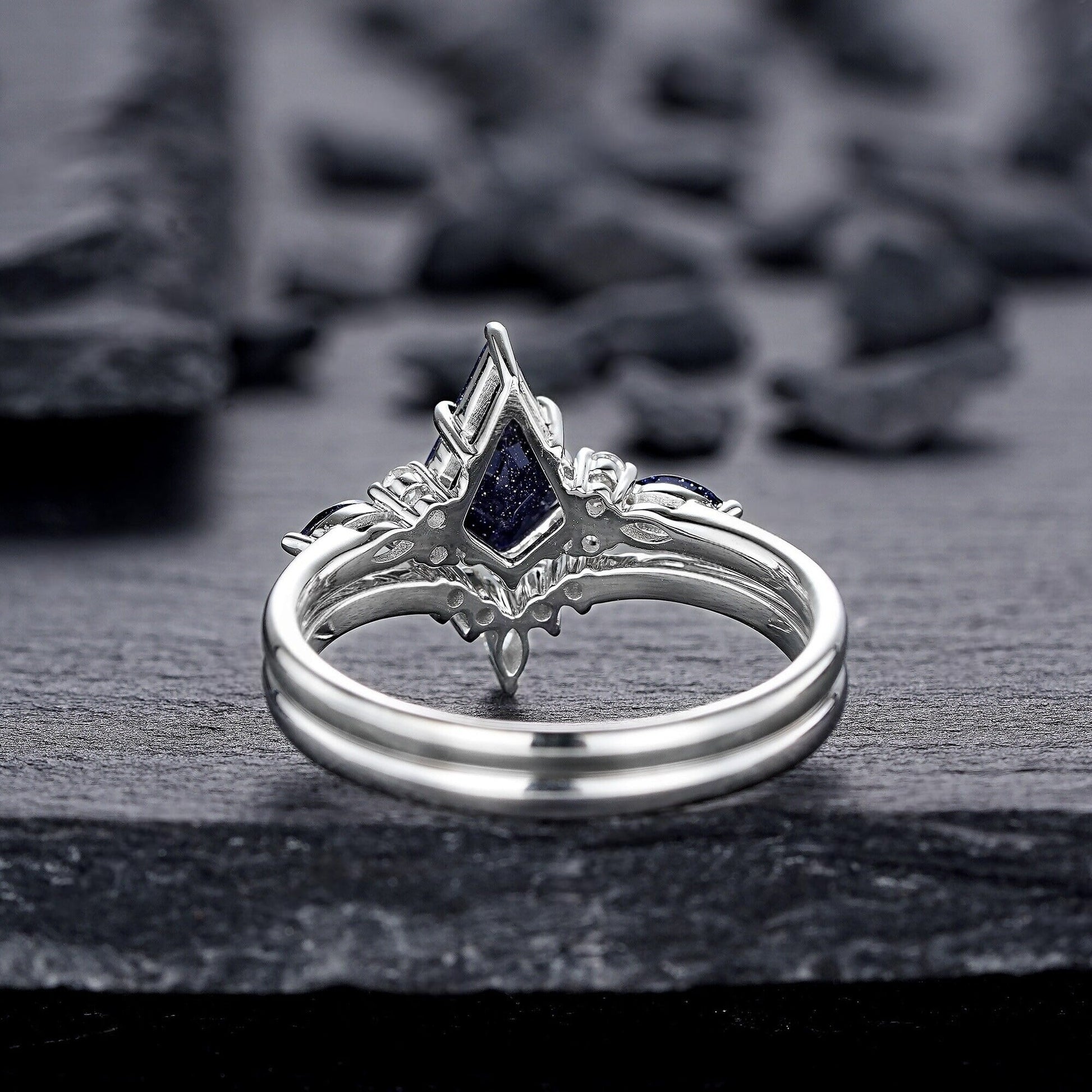 Kite Cut Blue Sandstone Engagement Ring Set, Vintage White Gold Promise Ring Set, Starry Blue Stone Bridal Set Wedding Ring - anerjuly
