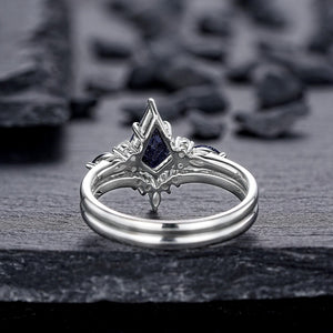 Kite Cut Blue Sandstone Engagement Ring Set, Vintage White Gold Promise Ring Set, Starry Blue Stone Bridal Set Wedding Ring - anerjuly