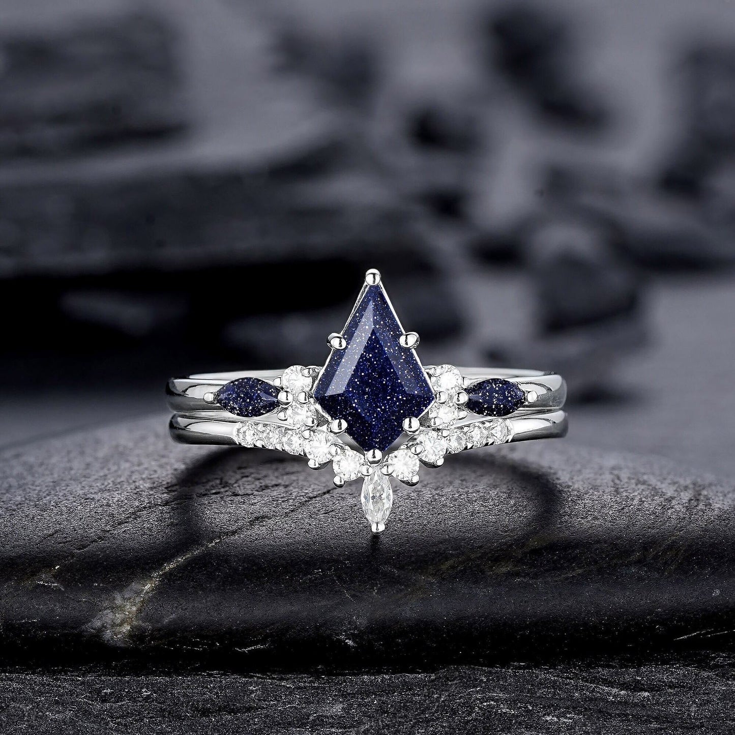 Kite Cut Blue Sandstone Engagement Ring Set, Vintage White Gold Promise Ring Set, Starry Blue Stone Bridal Set Wedding Ring - anerjuly