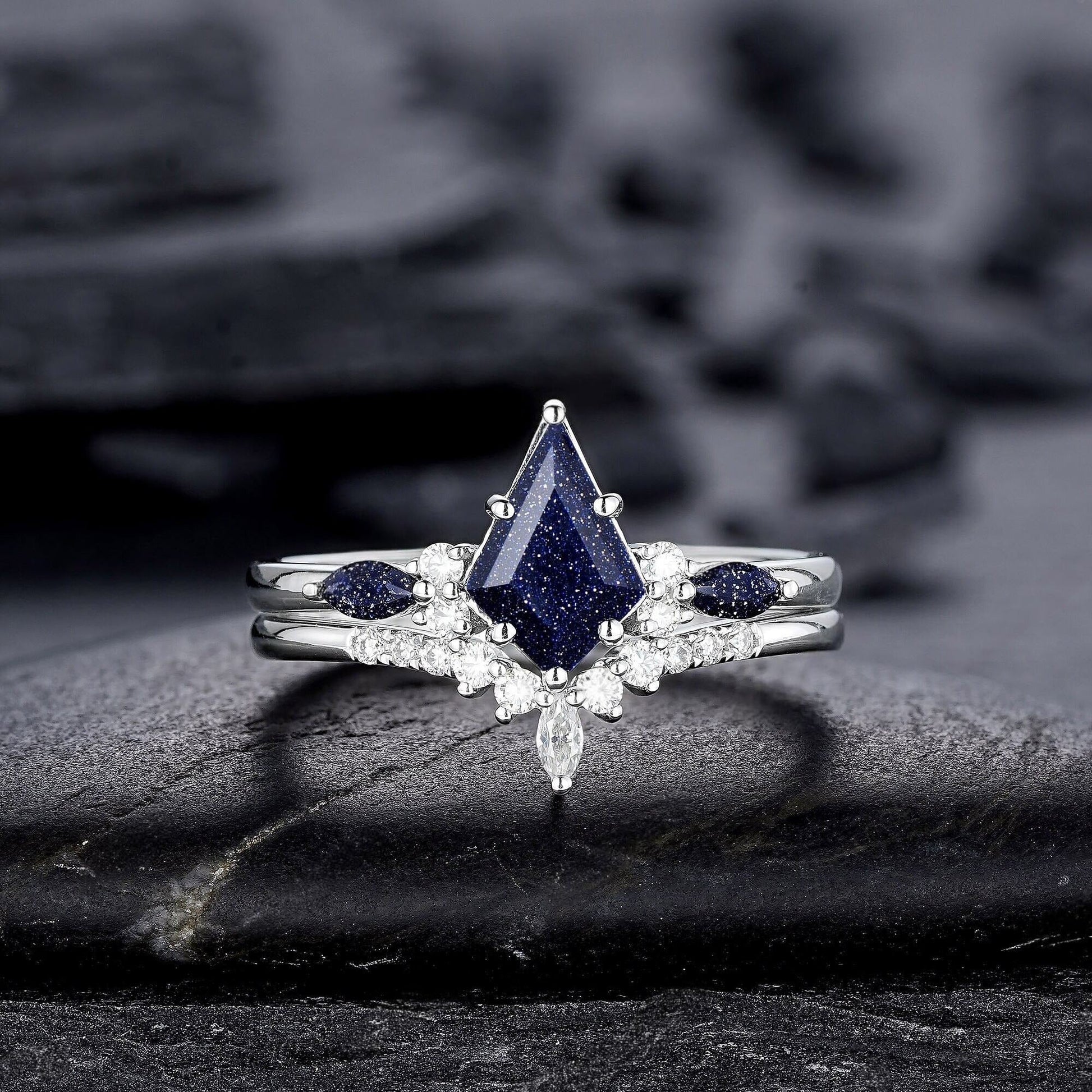 Kite Cut Blue Sandstone Engagement Ring Set, Vintage White Gold Promise Ring Set, Starry Blue Stone Bridal Set Wedding Ring - anerjuly