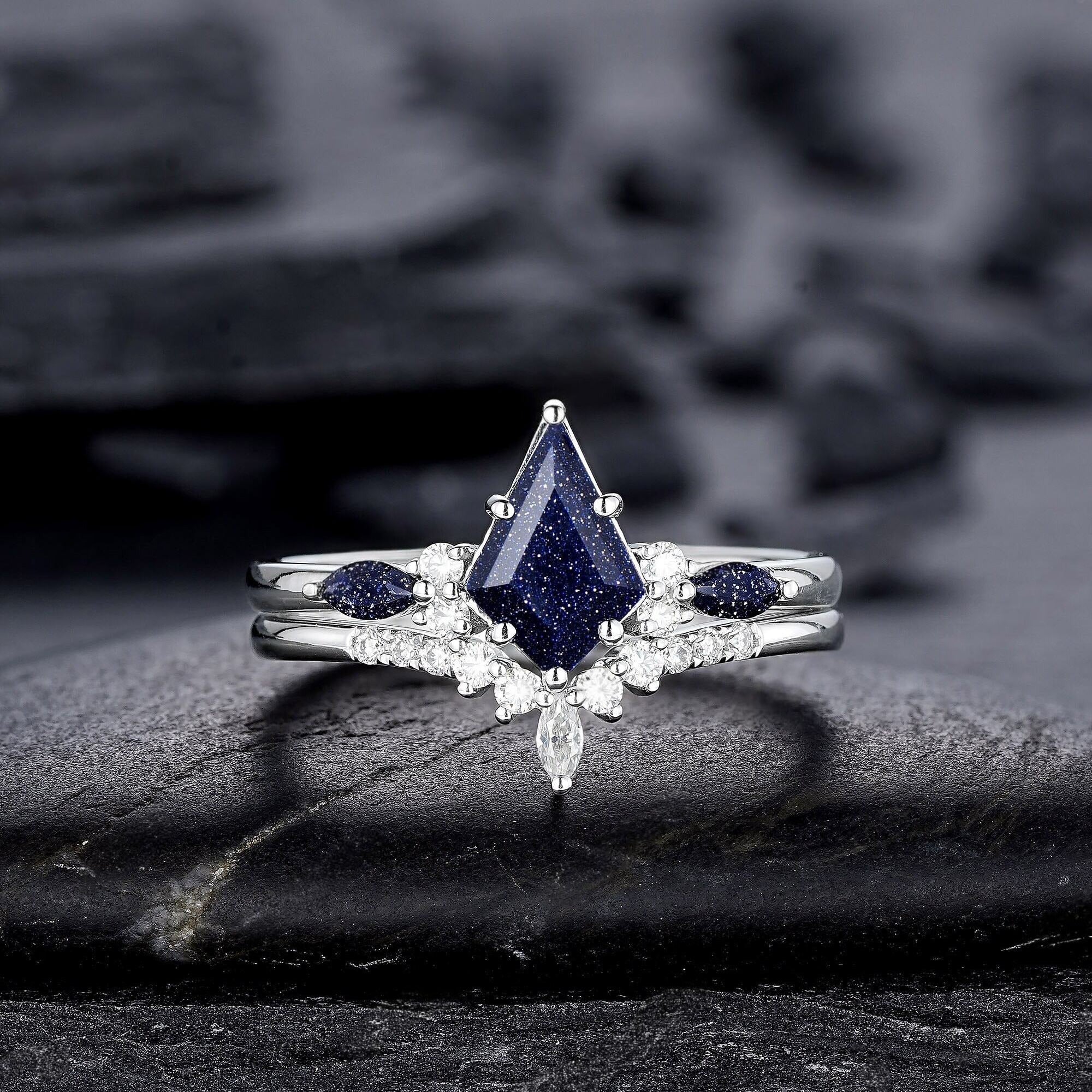 Kite Cut Blue Sandstone Engagement Ring Set, Vintage White Gold Promise Ring Set, Starry Blue Stone Bridal Set Wedding Ring - anerjuly